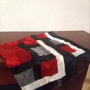 Luxury silk scarf, red, white, black & gray, 21"x21"